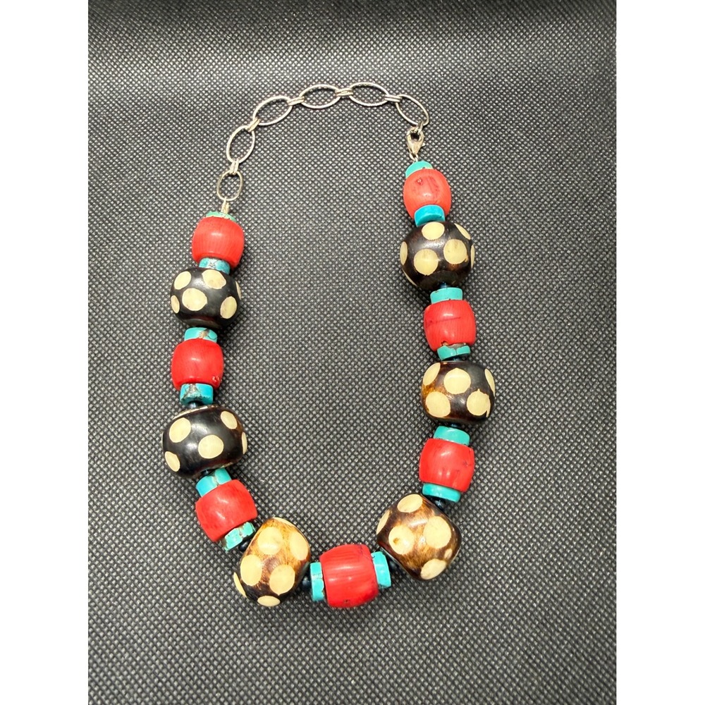 Boho Chunky Batik Polka Dot Bone Bead Necklace Red Turquoise Statement Jewelry